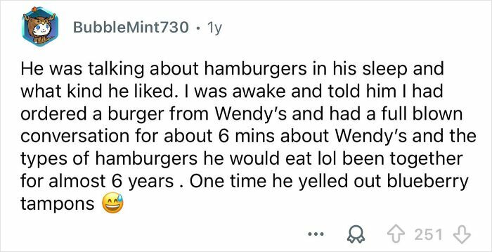 Reddit user sharing a funny sleep talk story about hamburgers and a conversation while someone was asleep.