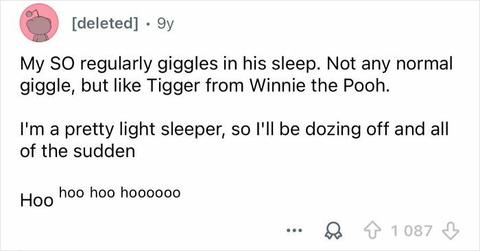 Reddit post describing a funny sleep talking moment where someone's partner giggles like Tigger from Winnie the Pooh.