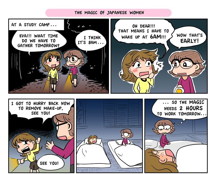 Comic strip illustrating travel culture shock with Japanese women's early morning routines and relatable humor.