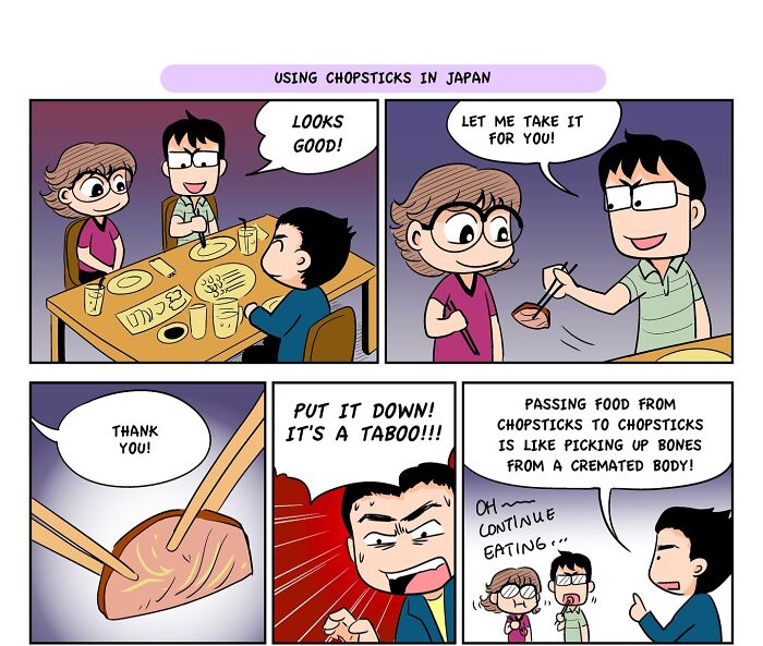 Comic panels showing travel culture shock with chopsticks use in Japan, illustrating relatable travel culture experiences.