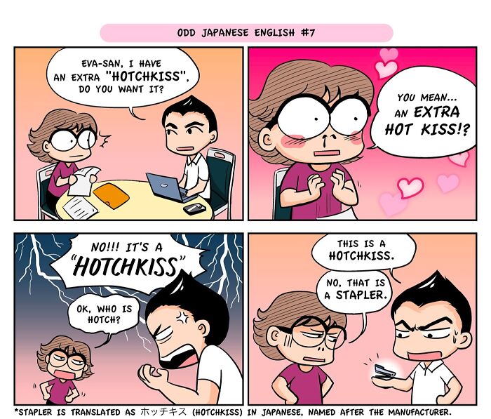 Comic strip showing travel culture shock with a funny language mix-up about the word hotchkiss in Japan.