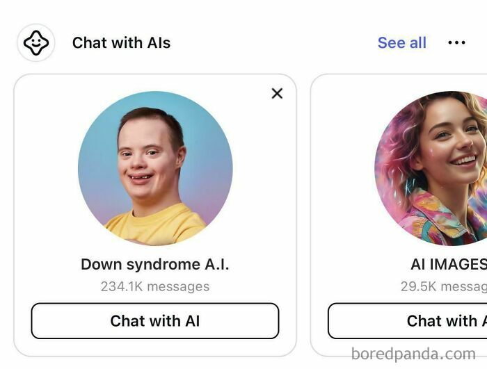 User interface showing AI chat options including one titled Down syndrome AI with a smiling person, related to US images warning.