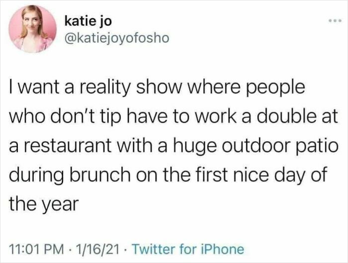 Tweet about restaurant workers needing to work doubles during busy brunch on the first nice day, relatable restaurant worker meme.