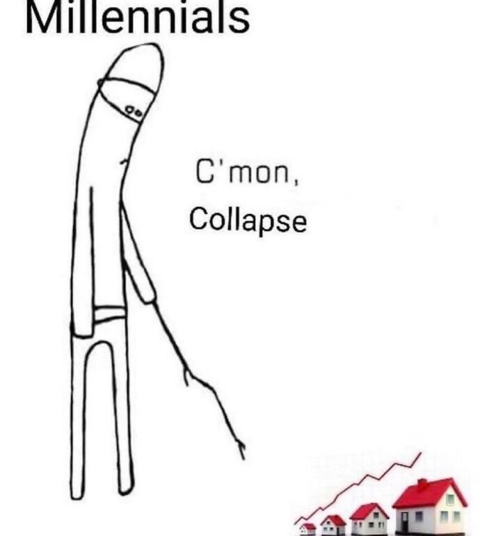 Simple black and white relatable meme showing a tired figure poking a collapsing housing market with a stick.