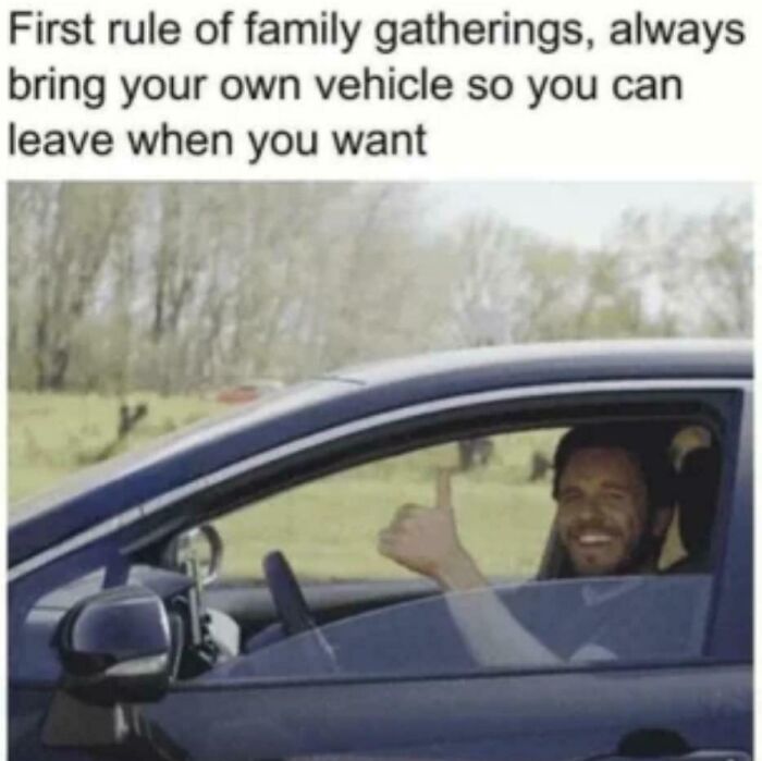 Man smiling and giving thumbs up from inside car with text about relatable family gathering memes advice.