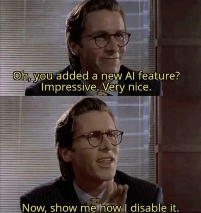 Man in glasses making a sarcastic face with a meme about disabling new AI features, relatable hilarious memes concept.