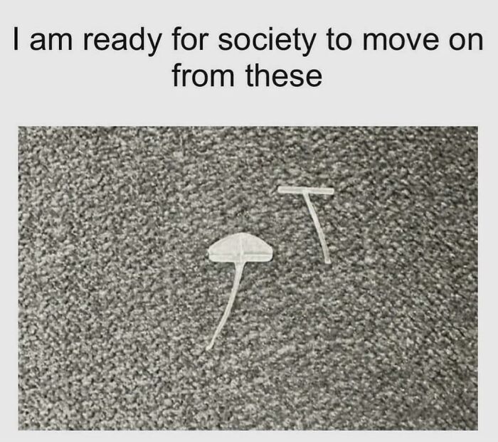 Image showing two old-fashioned plastic hangers on carpet with text about relatable memes about society moving on.