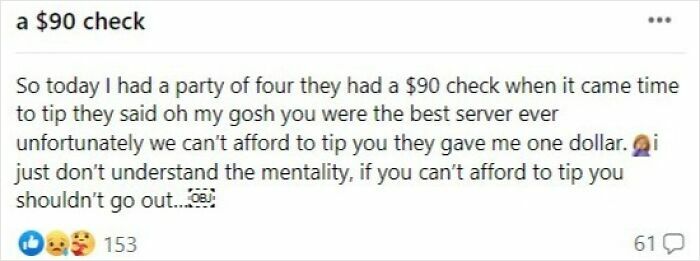 Screenshot of a social media post about a $90 restaurant check with a low tip, highlighting restaurant workers' relatable experiences.