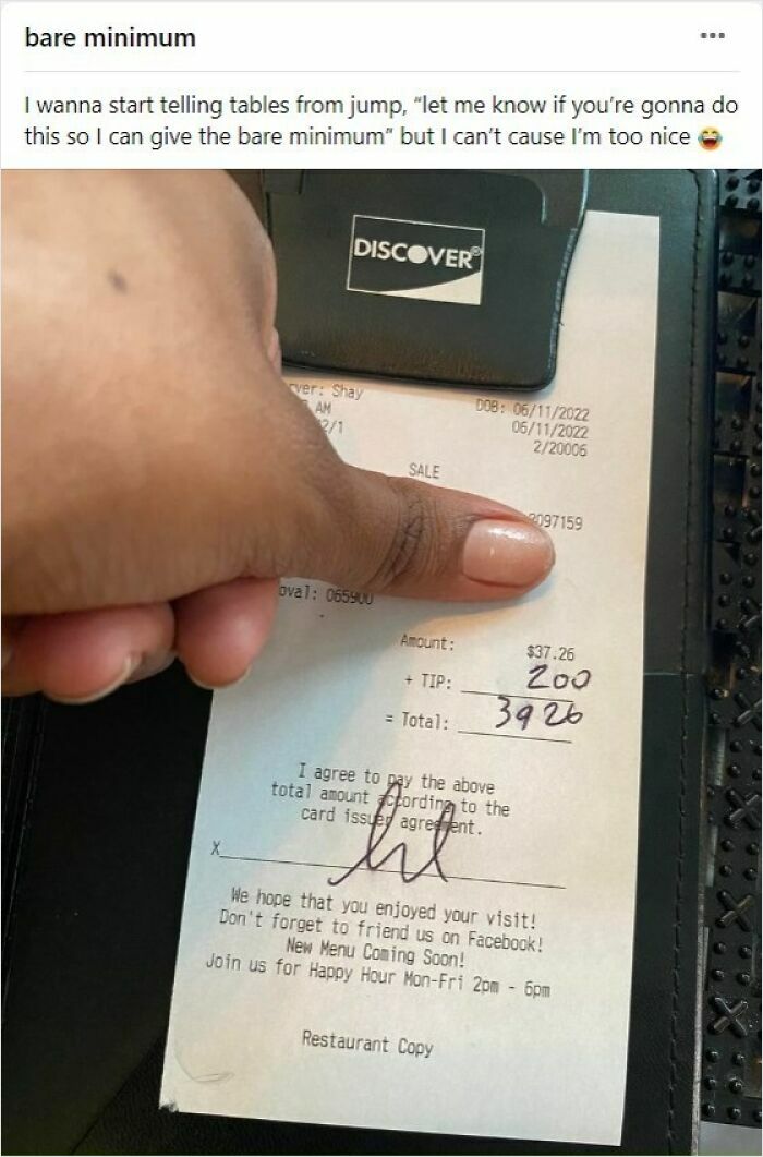 Hand holding a restaurant receipt with a $200 tip, relatable meme for restaurant workers about the bare minimum effort.