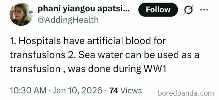 Screenshot of a tweet incorrectly spreading medical knowledge about blood transfusions and sea water usage during WW1.