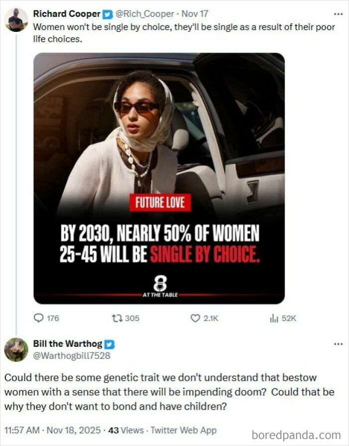 Tweet with a photo about women choosing to be single by 2030, example of people spreading medical knowledge and getting shamed.