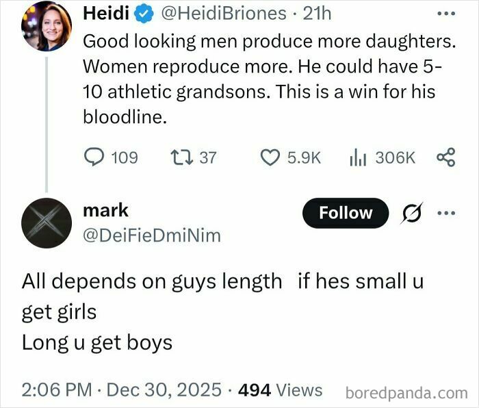 Tweet conversation spreading questionable medical knowledge about reproduction and gender linked to physical traits, shamed online.