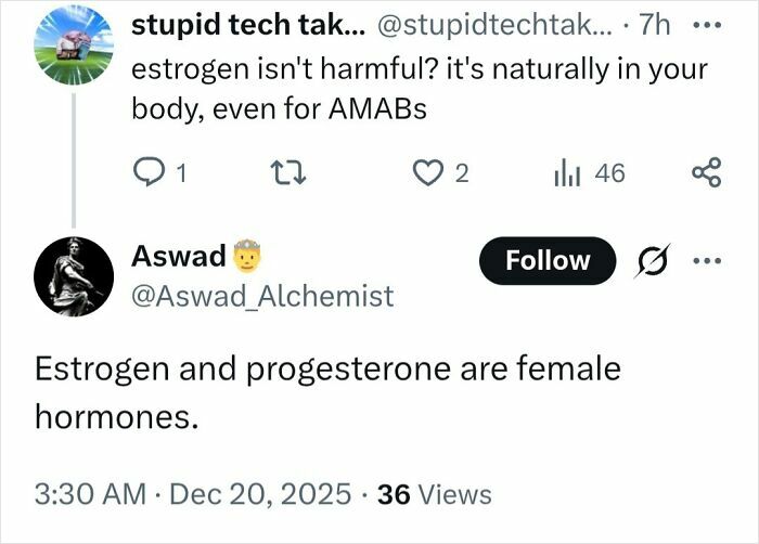 Twitter exchange discussing estrogen and progesterone as female hormones, illustrating medical knowledge spread and shaming.