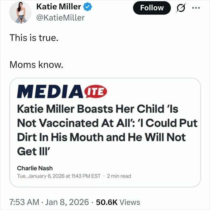 Tweet from Katie Miller sharing a misleading medical claim about vaccination with media site headline, illustrating medical knowledge spread.