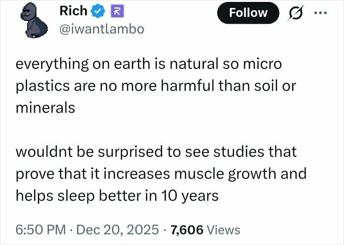 Tweet claiming microplastics are natural and harmless, spreading questionable medical knowledge and misinformation online.