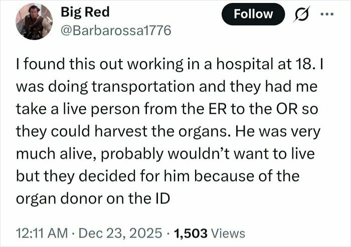Tweet from user Big Red sharing questionable medical knowledge about organ donation and hospital procedures, fitting medical knowledge shaming.