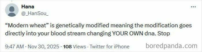 Tweet claiming modern wheat is genetically modified and alters DNA, an example of spreading false medical knowledge online.