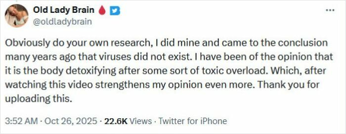 Screenshot of a Twitter post spreading medical misinformation about viruses, part of medical knowledge shaming examples.