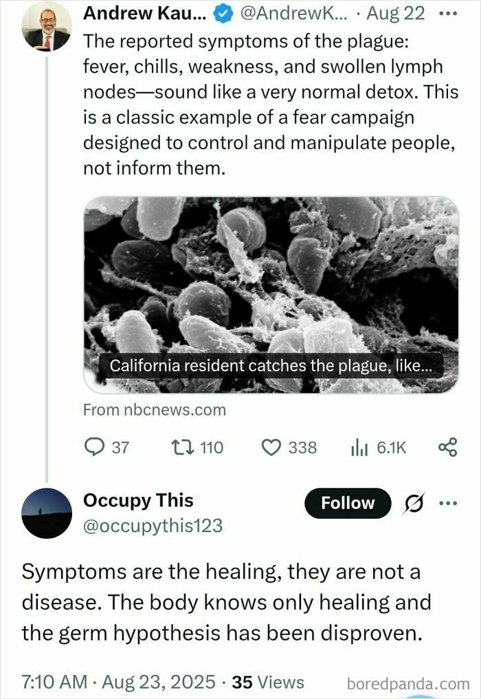 Screenshot of a social media thread spreading disputed medical knowledge and misinformation about disease symptoms and germs.