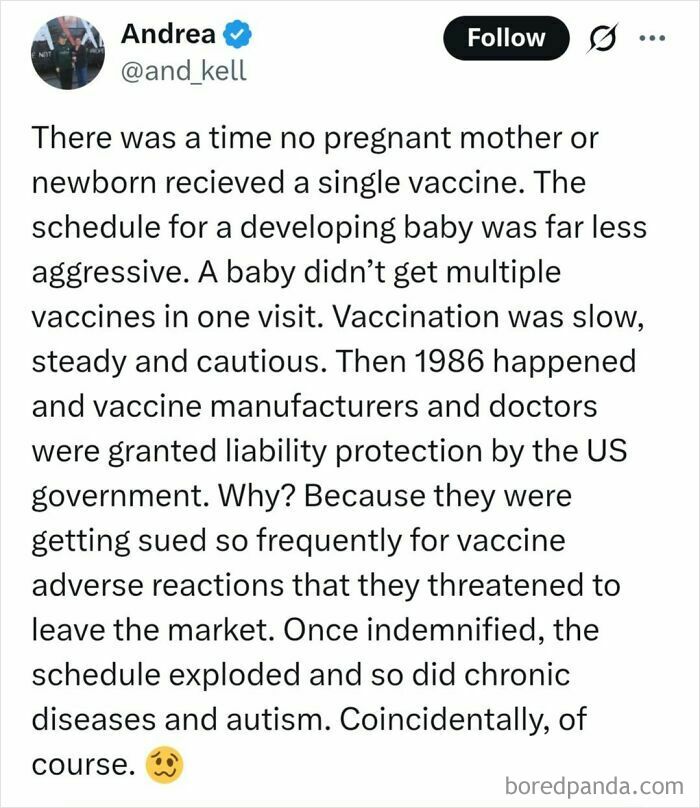 Screenshot of a social media post spreading medical misinformation about vaccines and health risks, misleading medical knowledge.