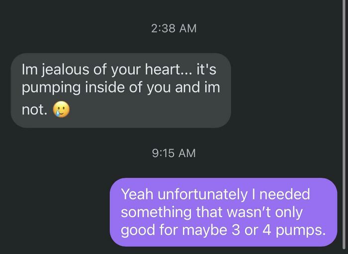 Text conversation screenshot showing a funny exchange involving heartfelt jealousy and pump humor for laughs.