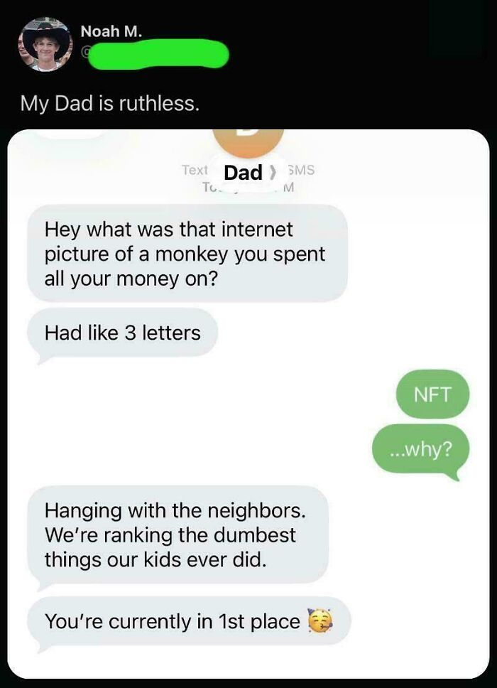 Hilarious text conversation between dad and child about internet monkey picture NFT and ranking dumbest kid actions.