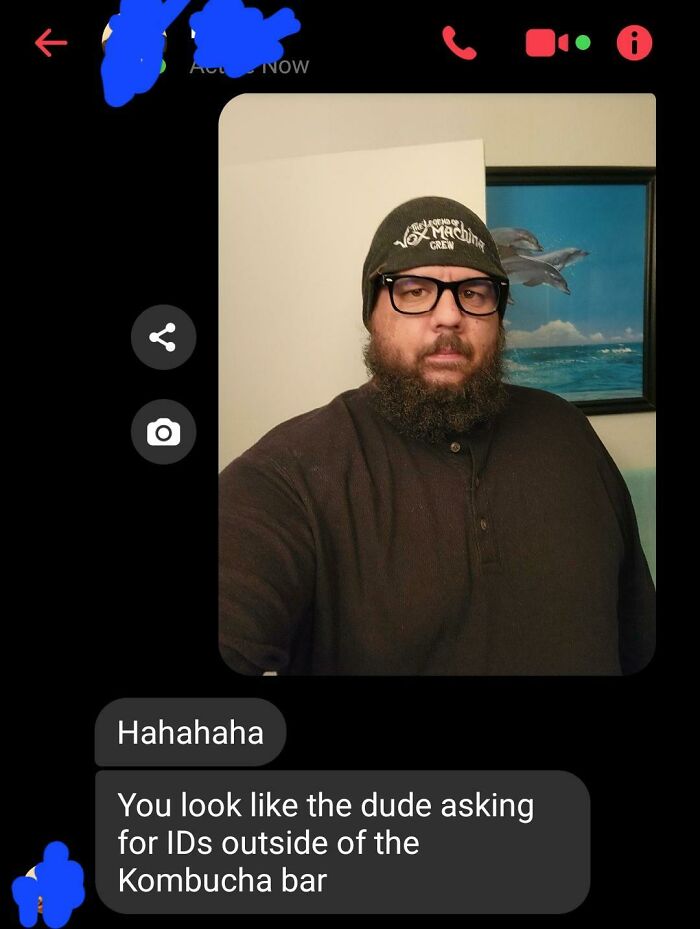 Man wearing glasses and a beanie texting a hilarious message to make others laugh in a funny conversation screenshot.