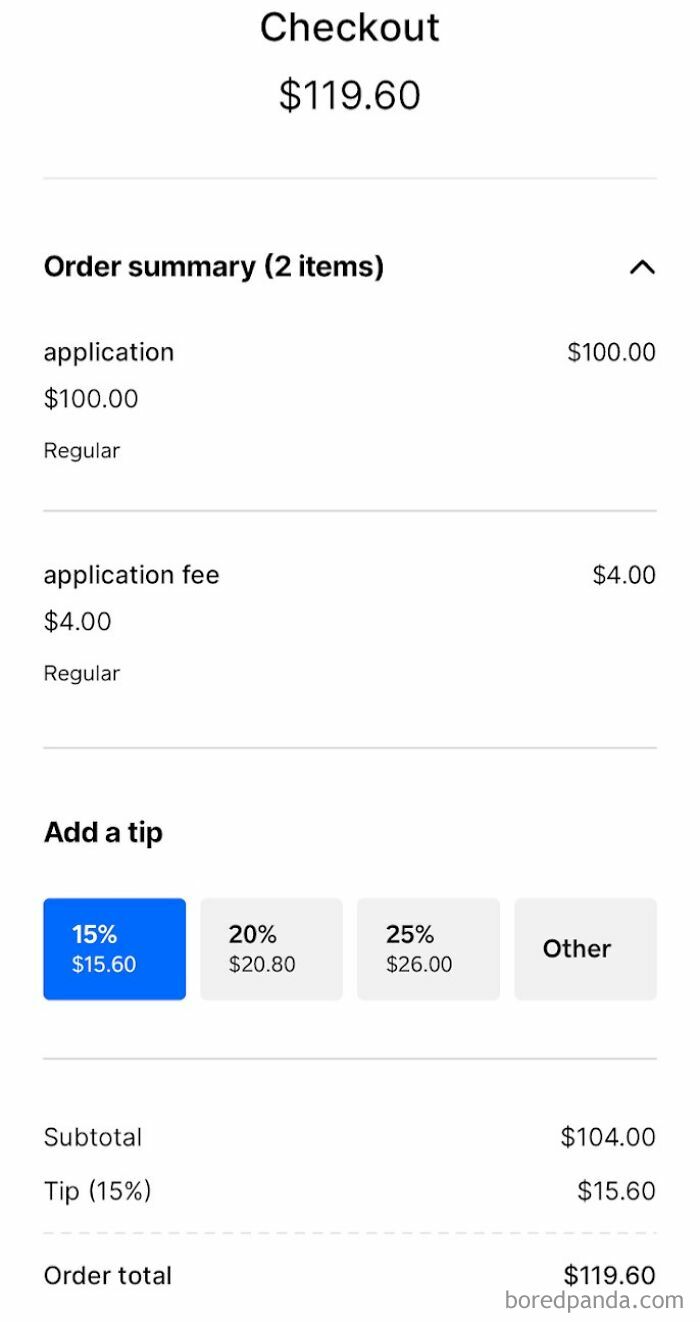 Checkout screen showing a $119.60 order total with application fees and tip options in a U.S. warning context.