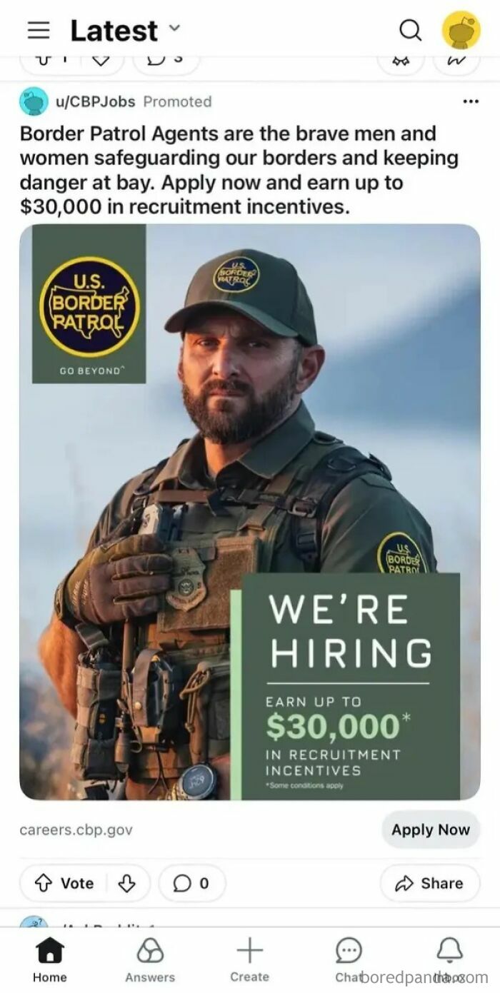 U.S. Border Patrol agent in uniform promoting recruitment incentives amidst images that make the U.S. look like a warning.