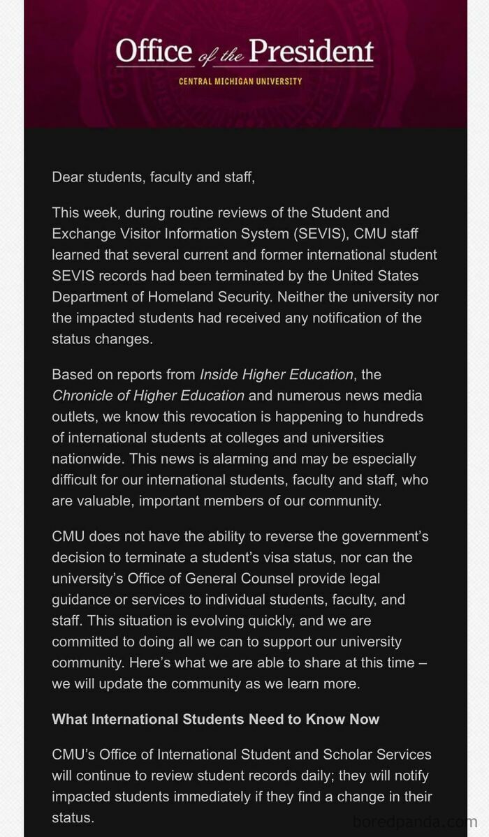 Notice from Central Michigan University addressing terminated international student SEVIS records amid alarming U.S. visa status changes.