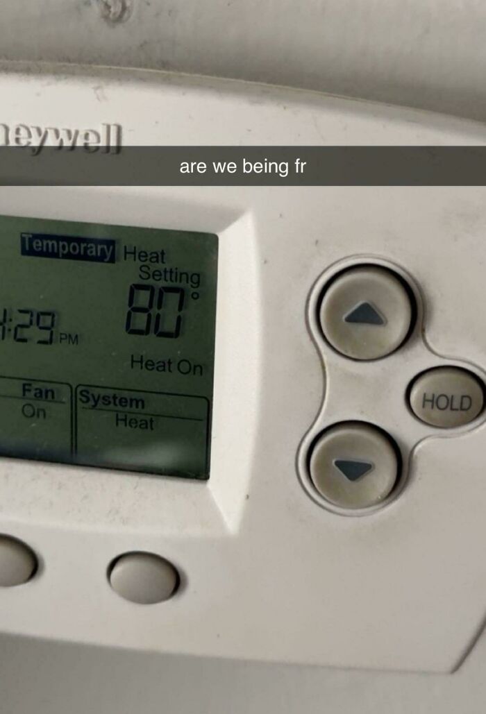 Thermostat set to 80 degrees heating, highlighting a frustrating roommate moment from jerks making others want to live alone.