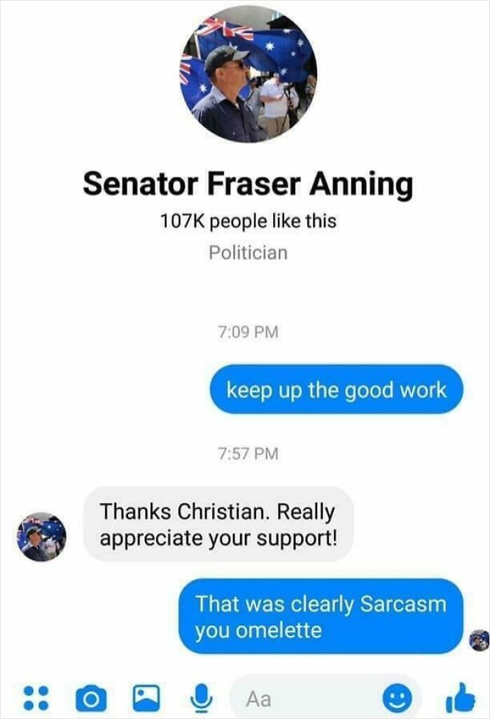 Screenshot of hilarious text exchange between a politician and supporter featuring sarcastic humor and funny replies.