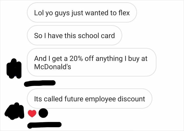 Screenshot of hilarious text conversation showing a future employee discount at McDonald's and a playful flex moment.