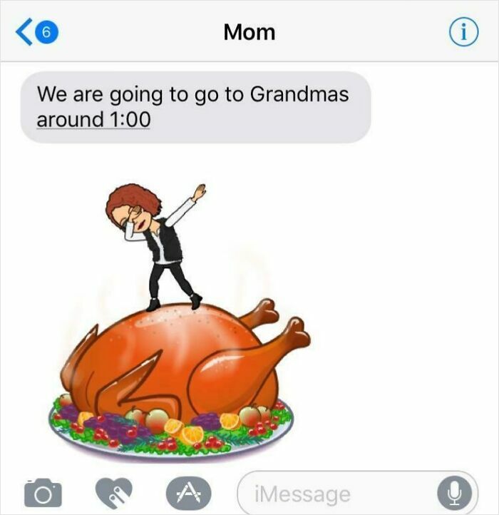 Text message from mom about visiting grandma with a humorous sticker of a person dabbing on a large roasted turkey.