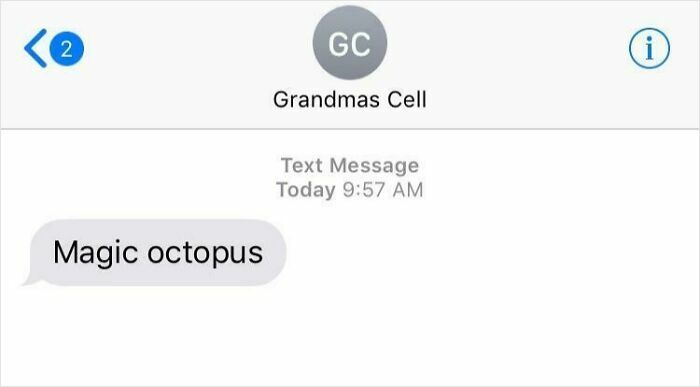 Screenshot of a hilarious text from Grandma labeled grandmas cell saying magic octopus for people needed to screenshot.