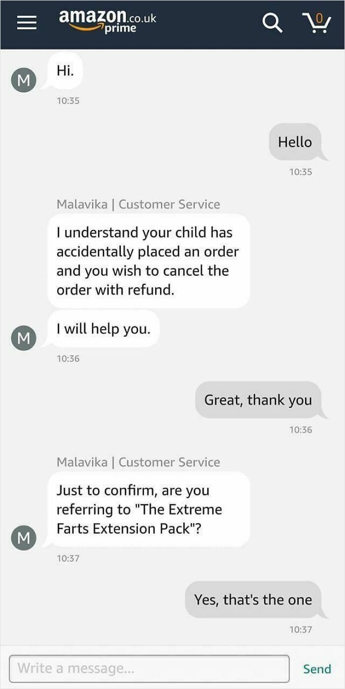 Customer service chat screenshot showing a hilarious text about canceling an order for a funny product.