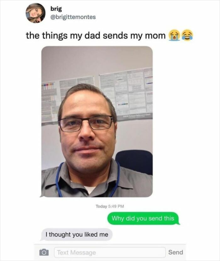 Man’s selfie sent as a funny text message from dad to mom, featured in hilarious texts screenshot collection.