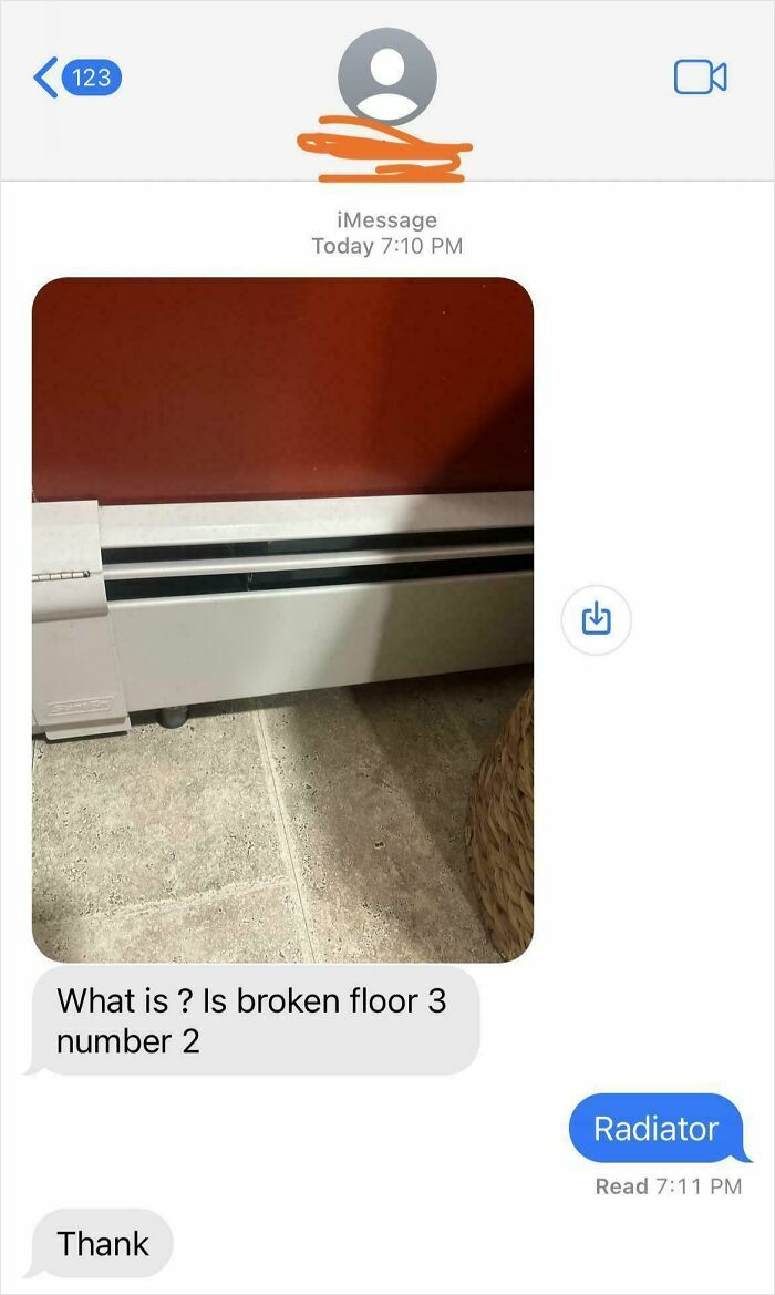 Screenshot of a hilarious text conversation with a confused message about a broken floor and a radiator reply.