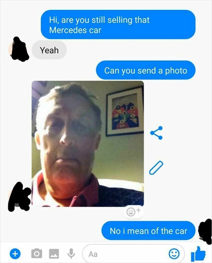Text message screenshot showing a funny conversation where a selfie was sent instead of a car photo for hilariously mistaken texts.