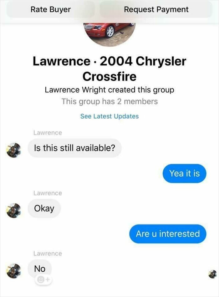 Chat conversation in a group about a 2004 Chrysler Crossfire involving people needed to screenshot these hilarious texts.