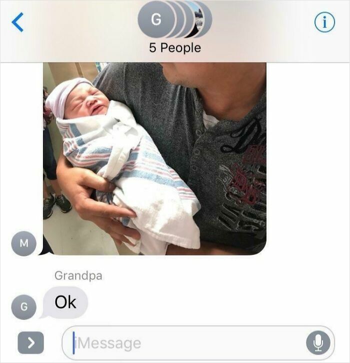 Group text with five people sharing a photo of a newborn, capturing hilarious texts to make others laugh too.