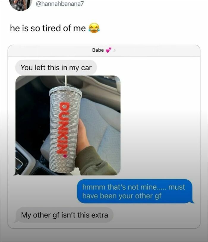 Humorous text message exchange about a forgotten Dunkin tumbler in a car, showcasing hilarious texts to screenshot.