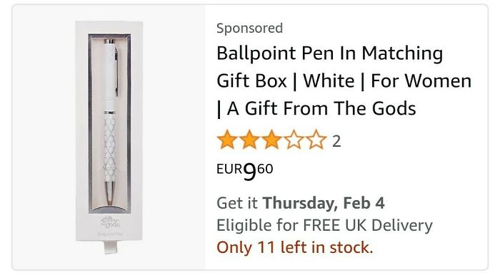 White ballpoint pen in matching gift box marketed as gendered nonsense for women, highlighting outdated stereotypes.