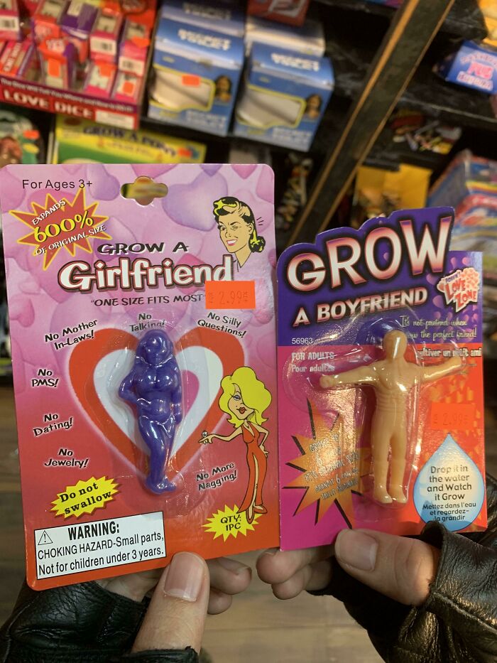 Two novelty toys labeled grow a girlfriend and grow a boyfriend, illustrating examples of gendered nonsense in product marketing.