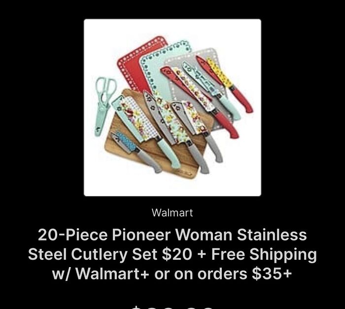 Colorful stainless steel cutlery set with floral designs, scissors, and cutting boards showing gendered nonsense examples.