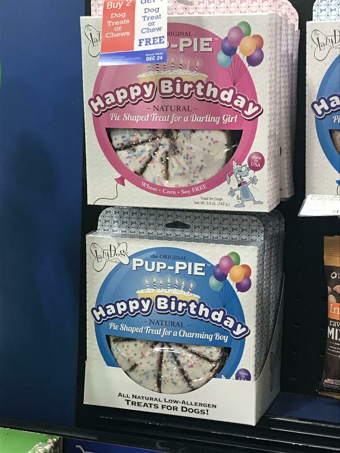 Pink and blue gendered dog birthday treats labeled for a darling girl and charming boy, showcasing gendered nonsense.