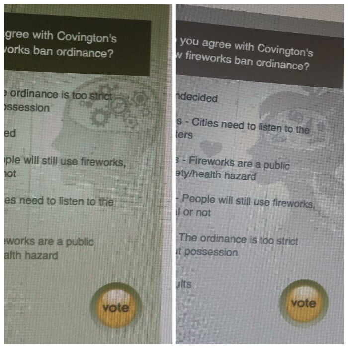 Screen showing online poll about fireworks ban ordinance, illustrating gendered nonsense in public opinions and voting behavior.