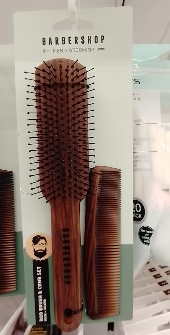 Barbershop men's grooming brush and comb set in wood finish, highlighting examples of gendered nonsense in product marketing.