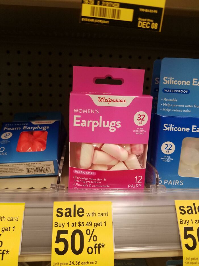 Women's earplugs in pink packaging on store shelf illustrating examples of gendered nonsense in product marketing.