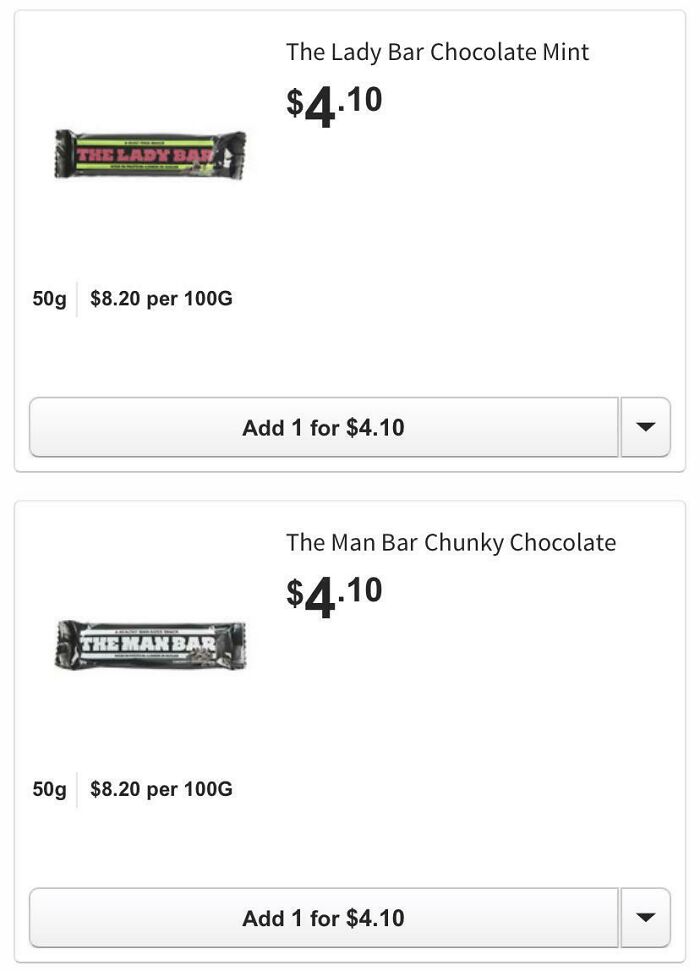 Two chocolate bars labeled with gendered packaging, highlighting examples of gendered nonsense in marketing.